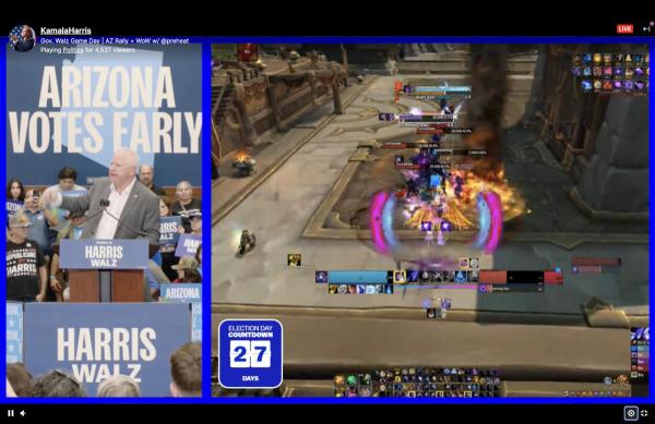 photo of Kamala Harris' Twitch account streamed Tim Waltz rally alongside live WoW gameplay image