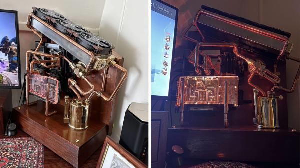 photo of Fully custom copper PC features upcycled blowtorch reservoir — antique wooden pedestal complements steampunk design&hellip; image