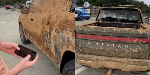 Rivian R1T gets dragged 100 feet after…